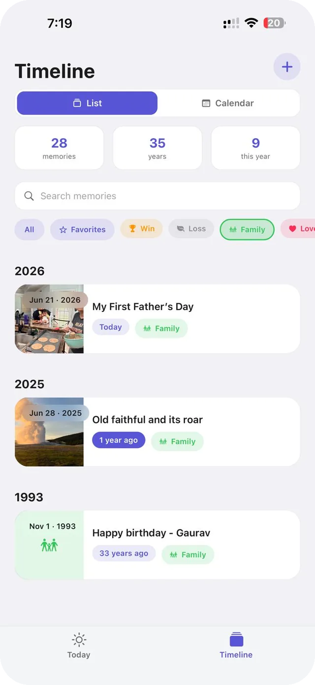 Backstory’s timeline as a list, memories grouped under 2026, 2025 and 1993 with category chips.