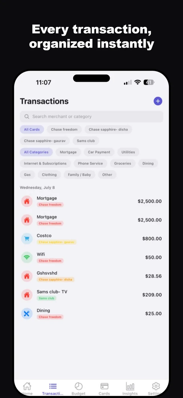Penny Budget transactions: a searchable list filtered by card and category, grouped by day.