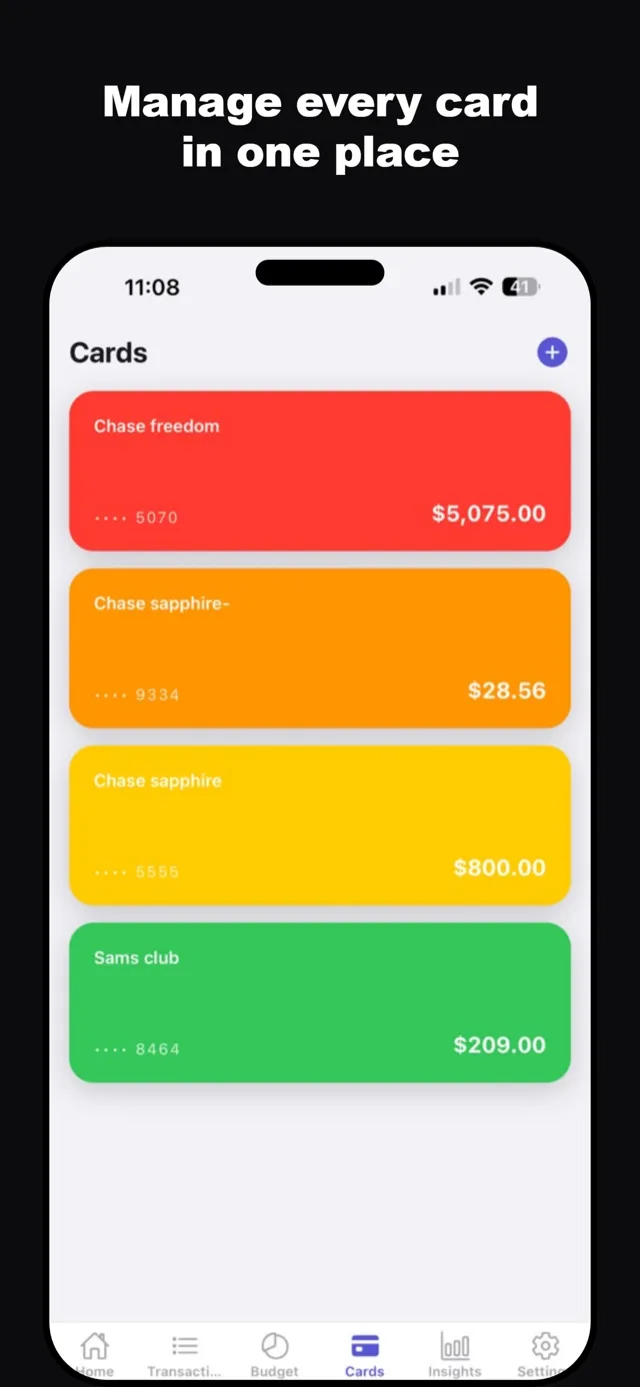 Penny Budget cards screen: four colour-coded cards, each showing the last four digits you labelled it with and the total you have logged against it.